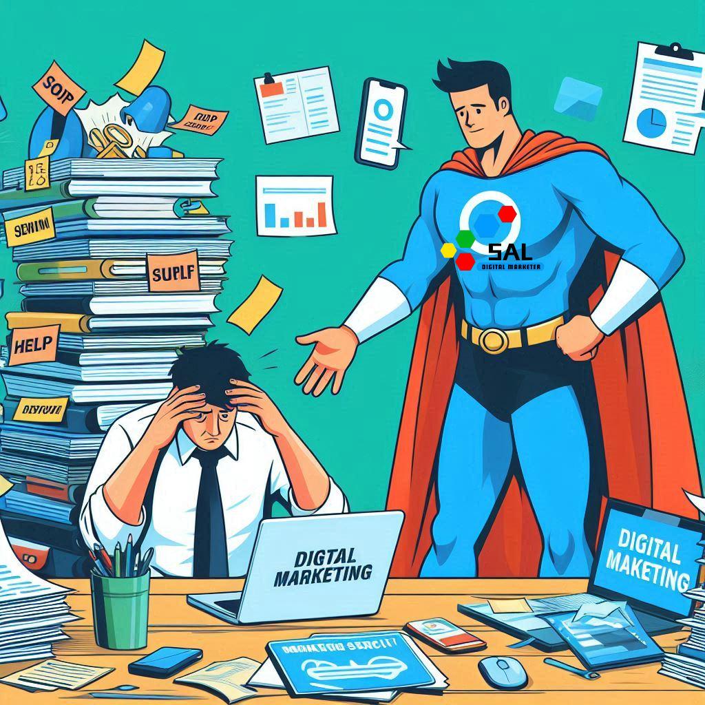 Digital marketing superhero helping a small business owner